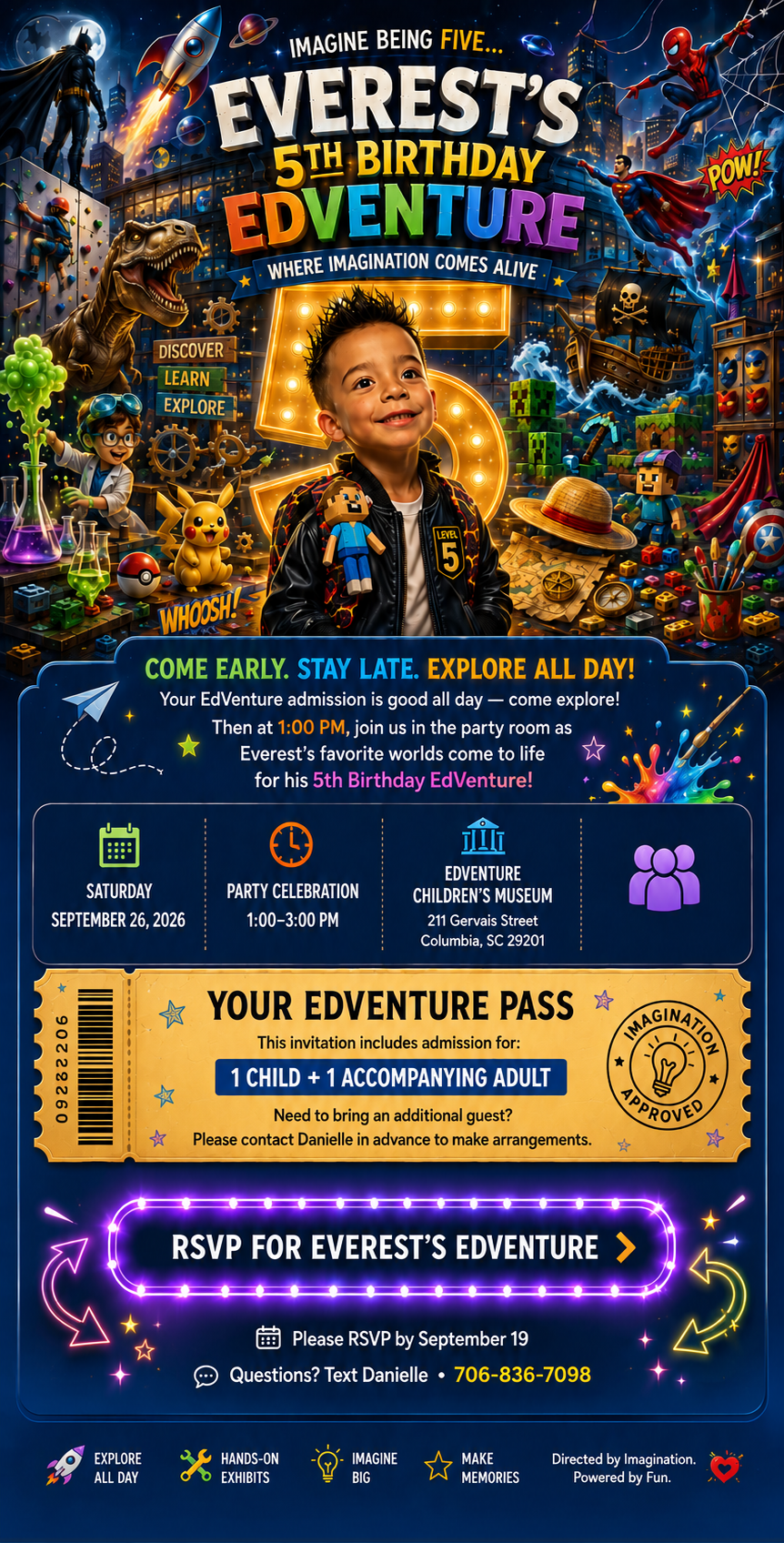 Everest's 5th Birthday EdVenture invitation. Saturday, September 26, 2026, 1:00–3:00 PM at EdVenture Children's Museum in Columbia, South Carolina.